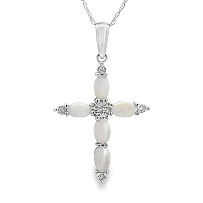Pendentif croix en opale et diamant en or blanc 10KT