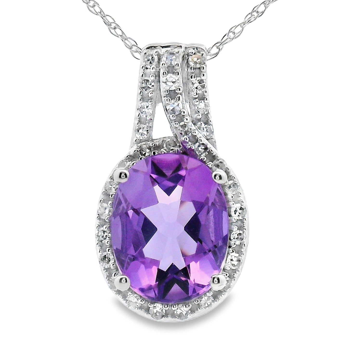Colgante de amatista y diamante en oro blanco de 10KT