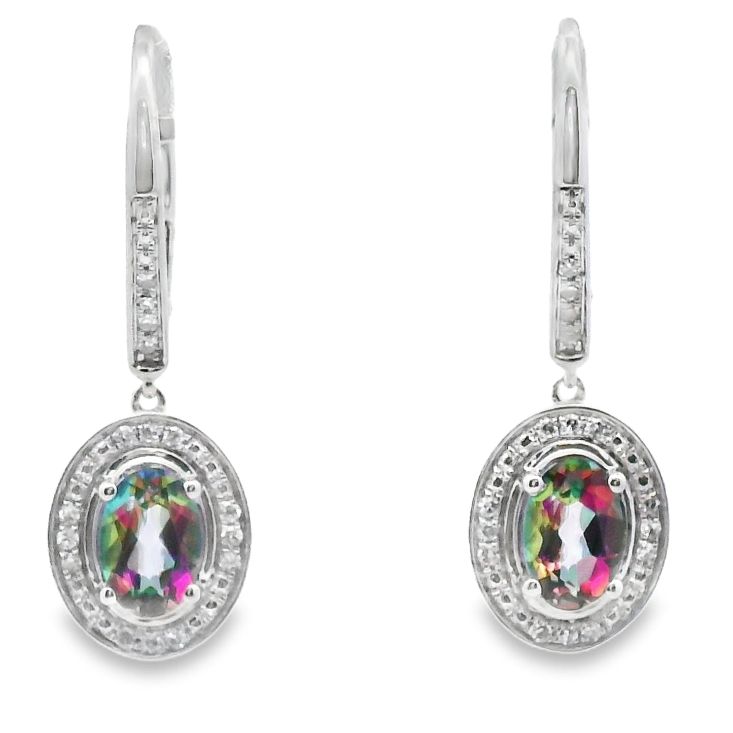 .89ct Mystic Fire Topaz Dangle Earrings in 10KT White Gold