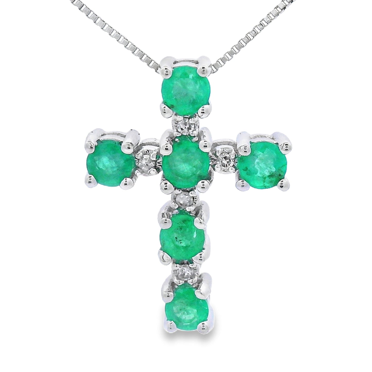 Colgante de Cruz de Diamante Esmeralda en Oro Blanco de 10KT