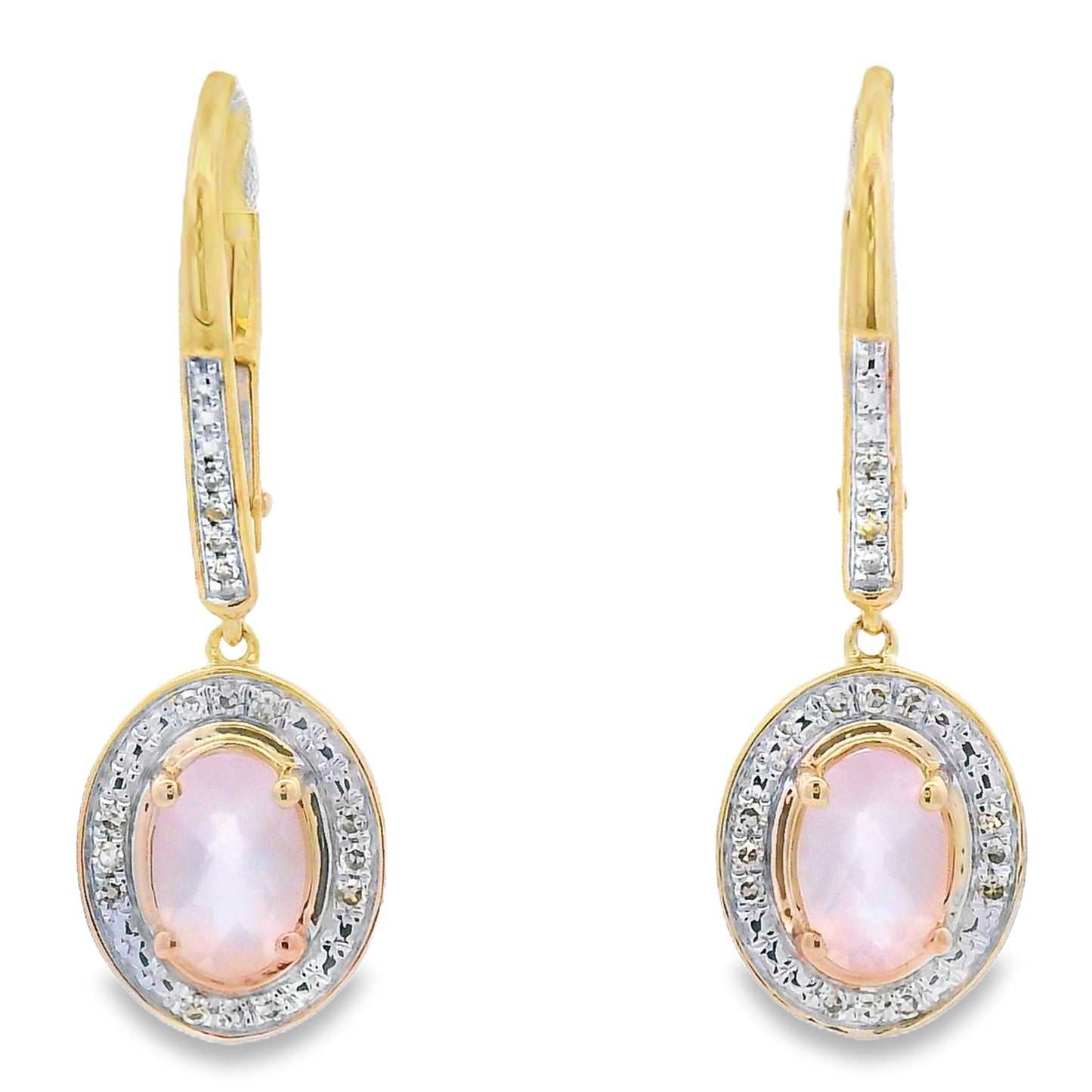Pendientes Colgantes de Diamante de Cuarzo Rosa en Oro Amarillo de 10KT