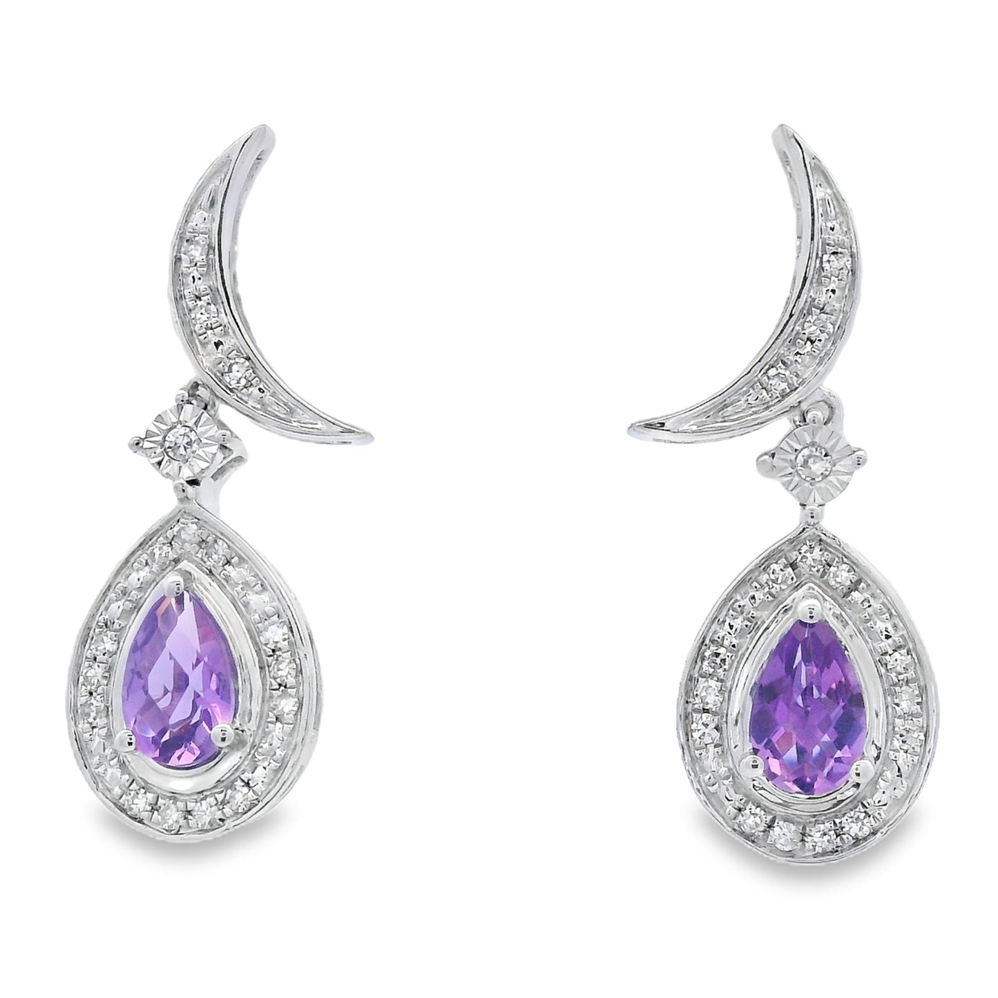 Pendientes colgantes de diamantes de amatista de 0.48ct en oro blanco de 10KT