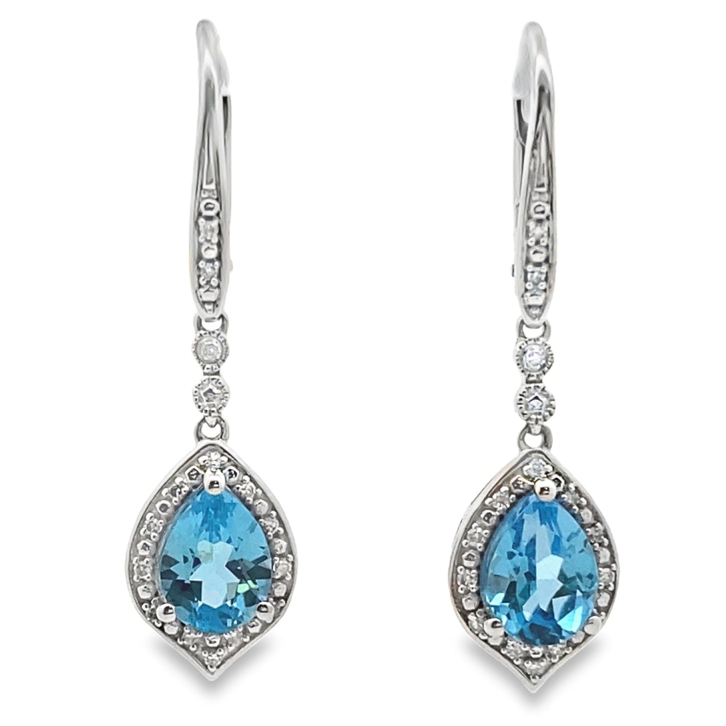 Pendientes Colgantes de Topacio Azul y Diamante en Oro Blanco de 10KT