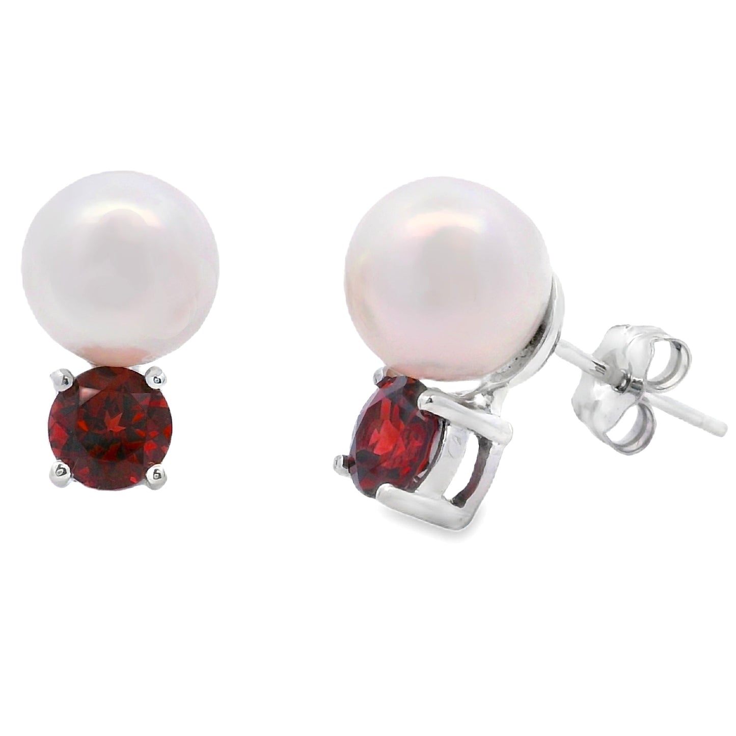 1.20ct FW Pearl and Garnet Stud Earrings in 14KT White Gold