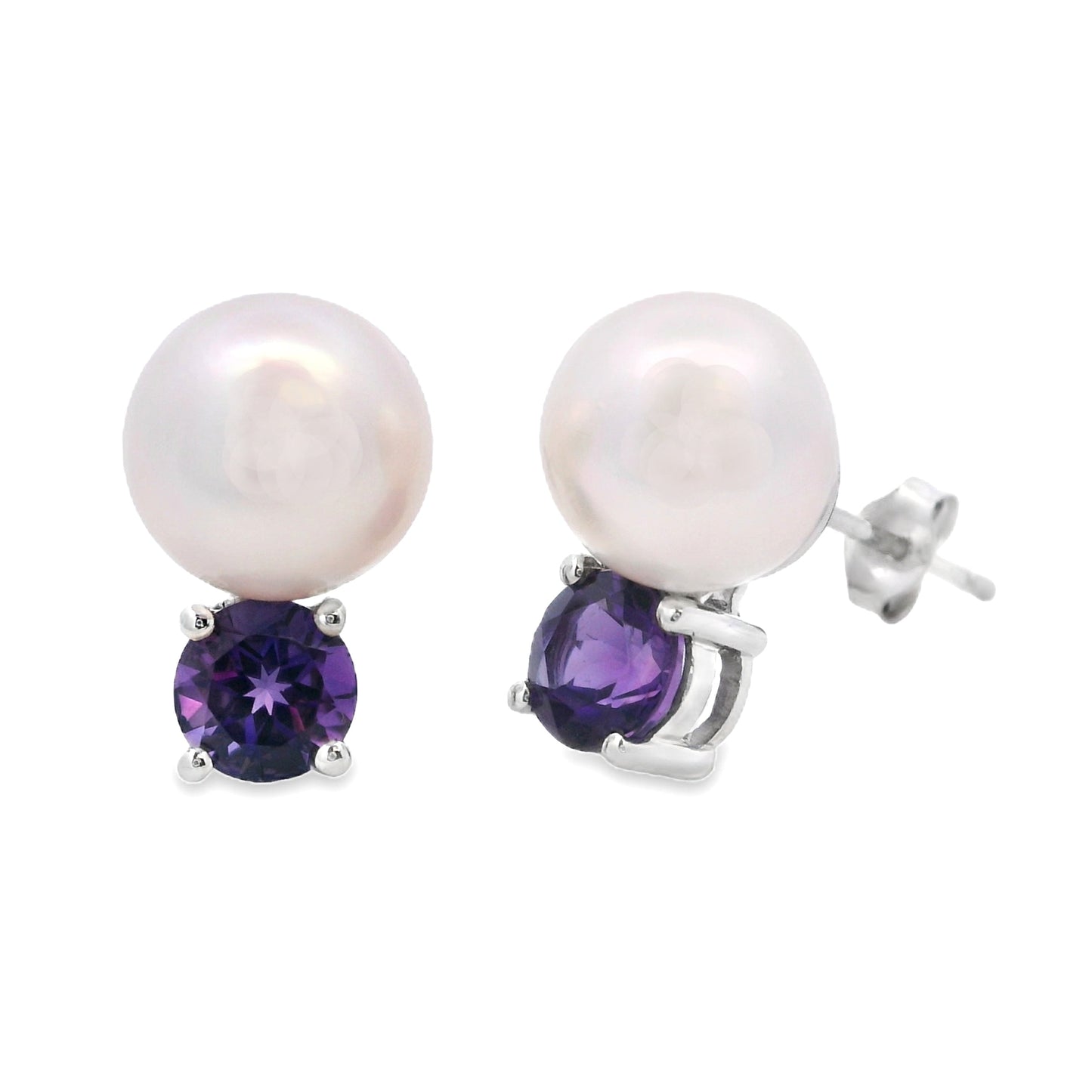 1.20ct FW Pearl and Amethyst Stud Earrings in 14KT White Gold