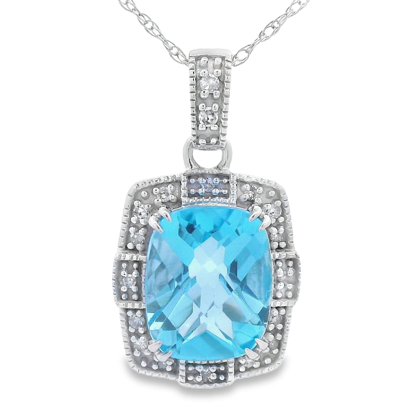 Pendentif en topaze bleue et diamant en or blanc 10KT