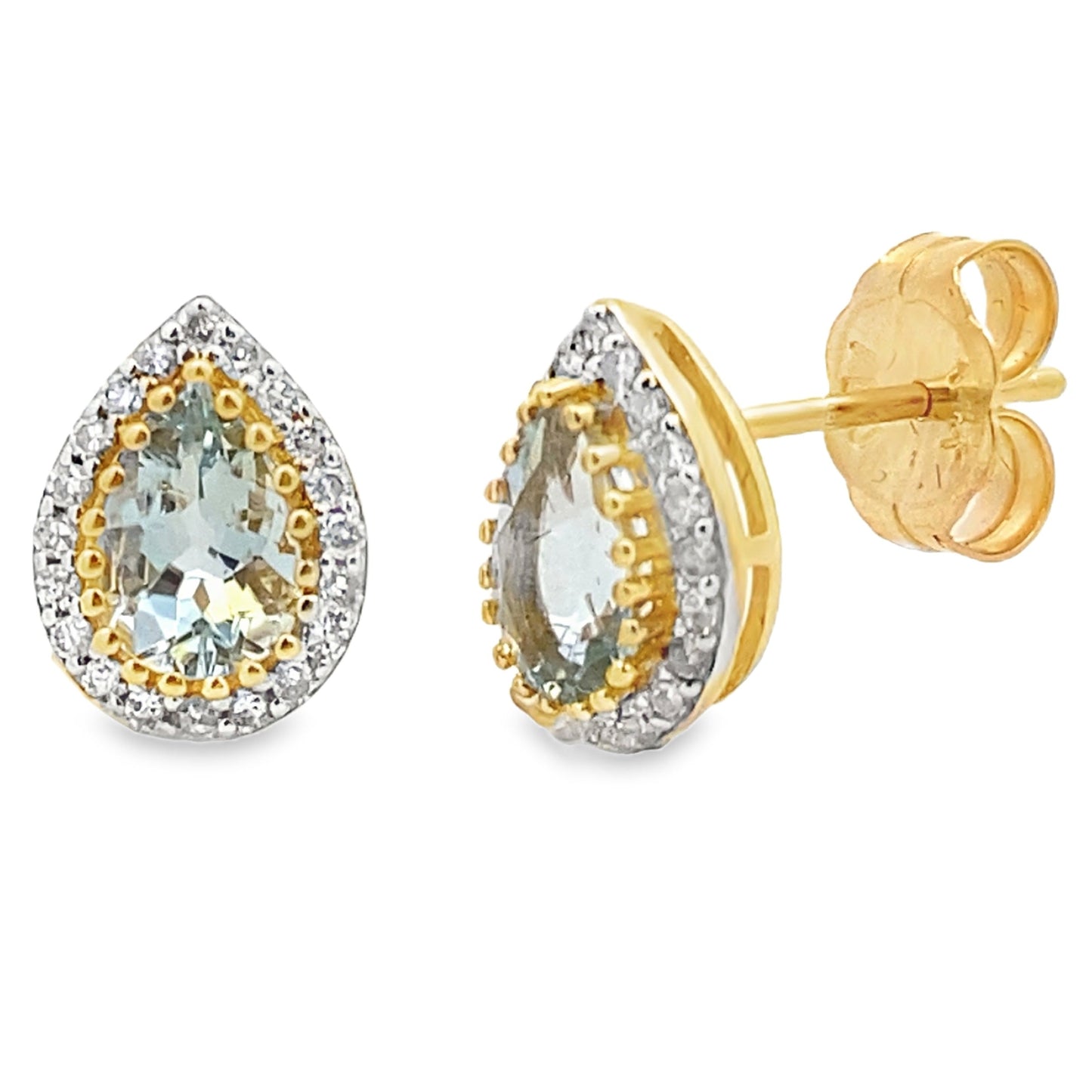 Pendientes de Stud de Diamante de Acuamarina de 0.52ct en Oro Amarillo de 14KT