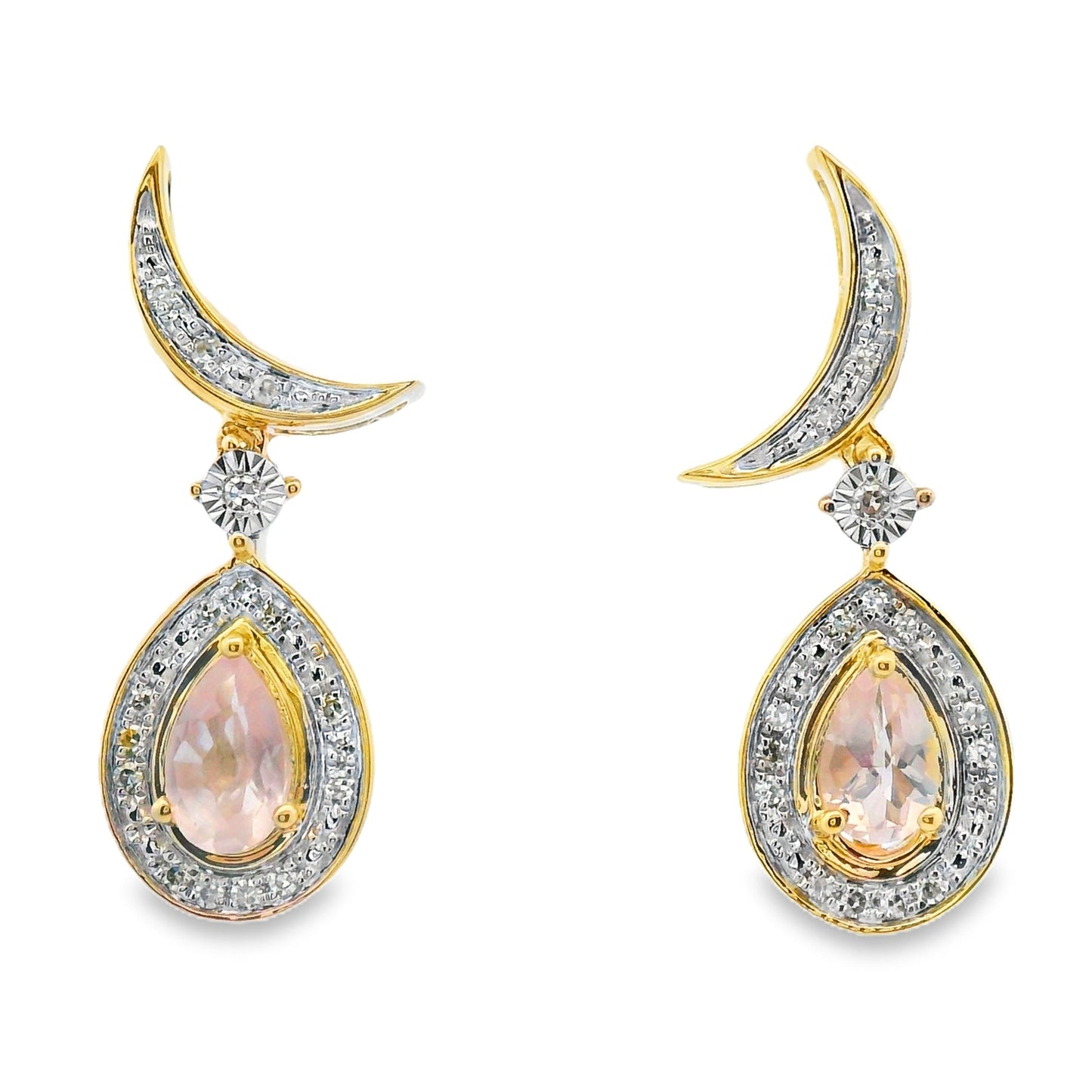 Pendientes Colgantes de Diamante de Cuarzo Rosa en Oro Amarillo de 10KT