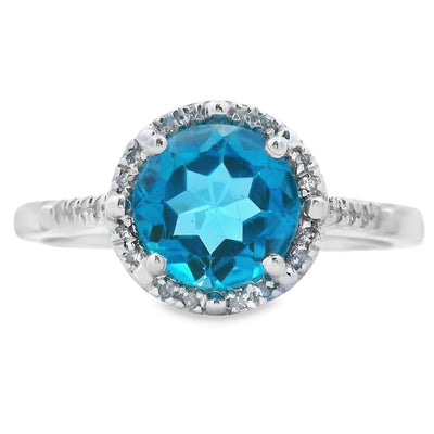 Anillo de Topacio Azul Londres y Diamante de 1.35ct en Oro Blanco de 10KT