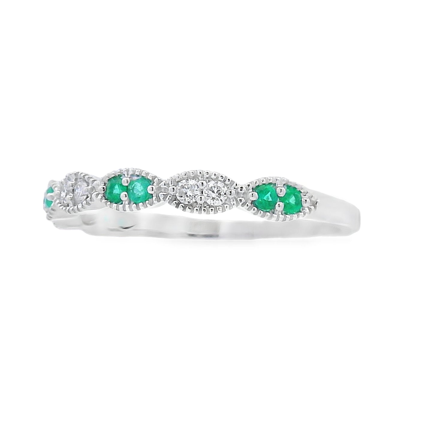 Conjunto de Anillos Apilables con Diamantes y Esmeraldas en Oro Blanco de 14KT