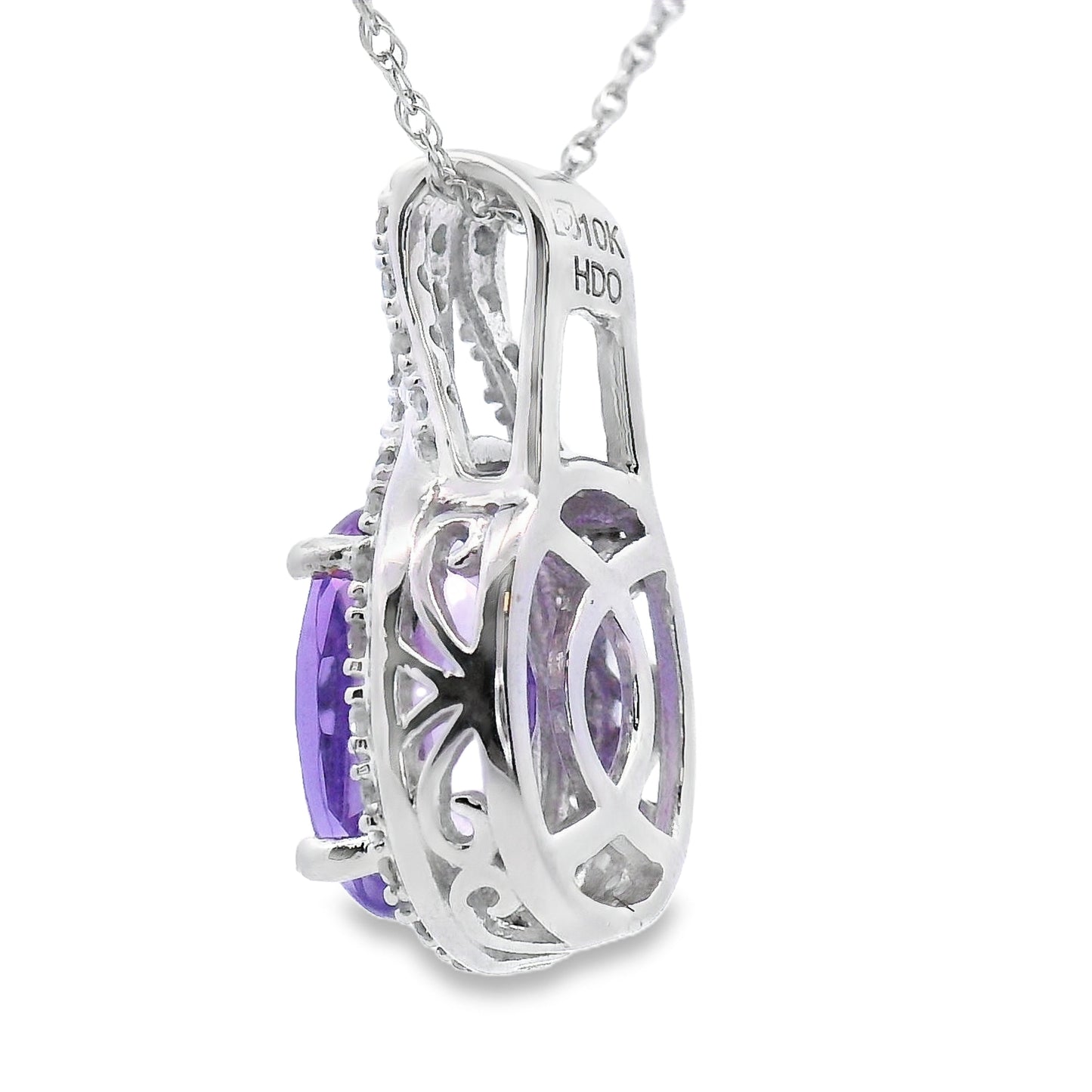 Colgante de amatista y diamante en oro blanco de 10KT