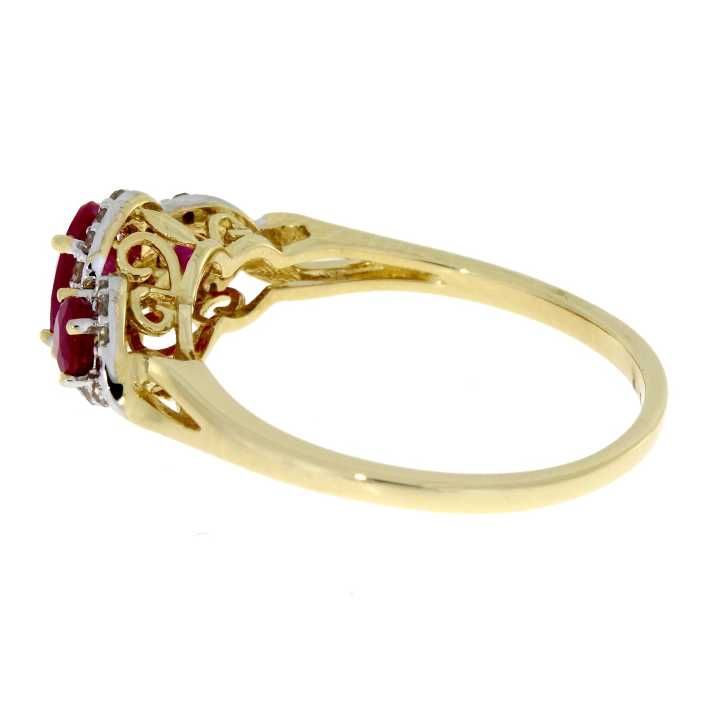 Anillo de 3 piedras con rubí y diamantes de 1.04ct en oro amarillo de 14KT