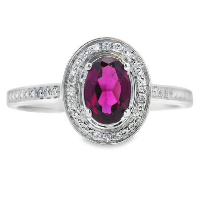 Anillo de Granate y Diamante de 0.62ct en Oro Blanco de 10KT