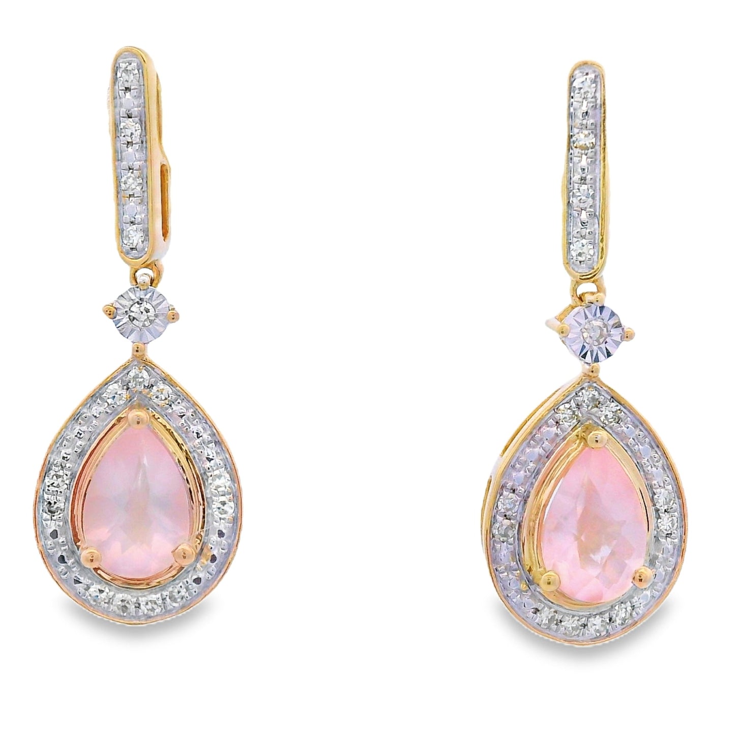 Pendientes Colgantes de Diamante de Cuarzo Rosa en Oro Amarillo de 10KT