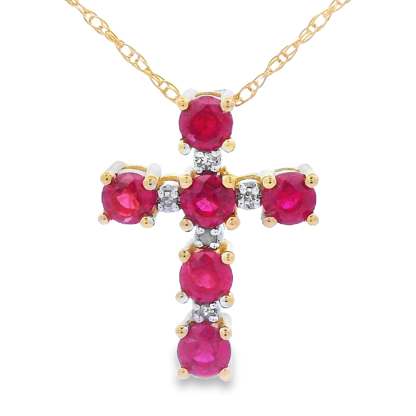 Colgante de Cruz de Rubí y Diamante en Oro Amarillo de 10KT