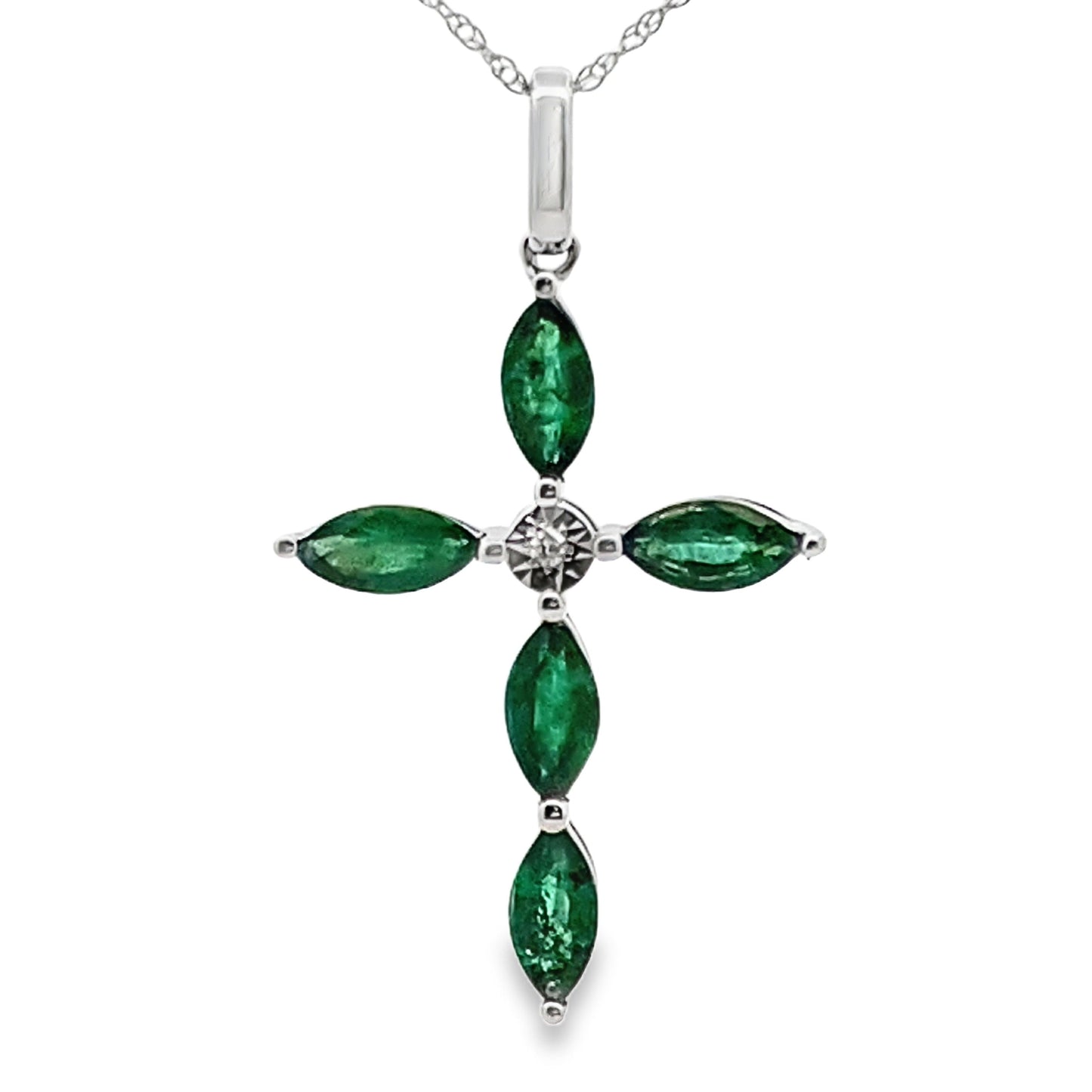 Emerald Diamond Cross Pendant in 10KT White Gold