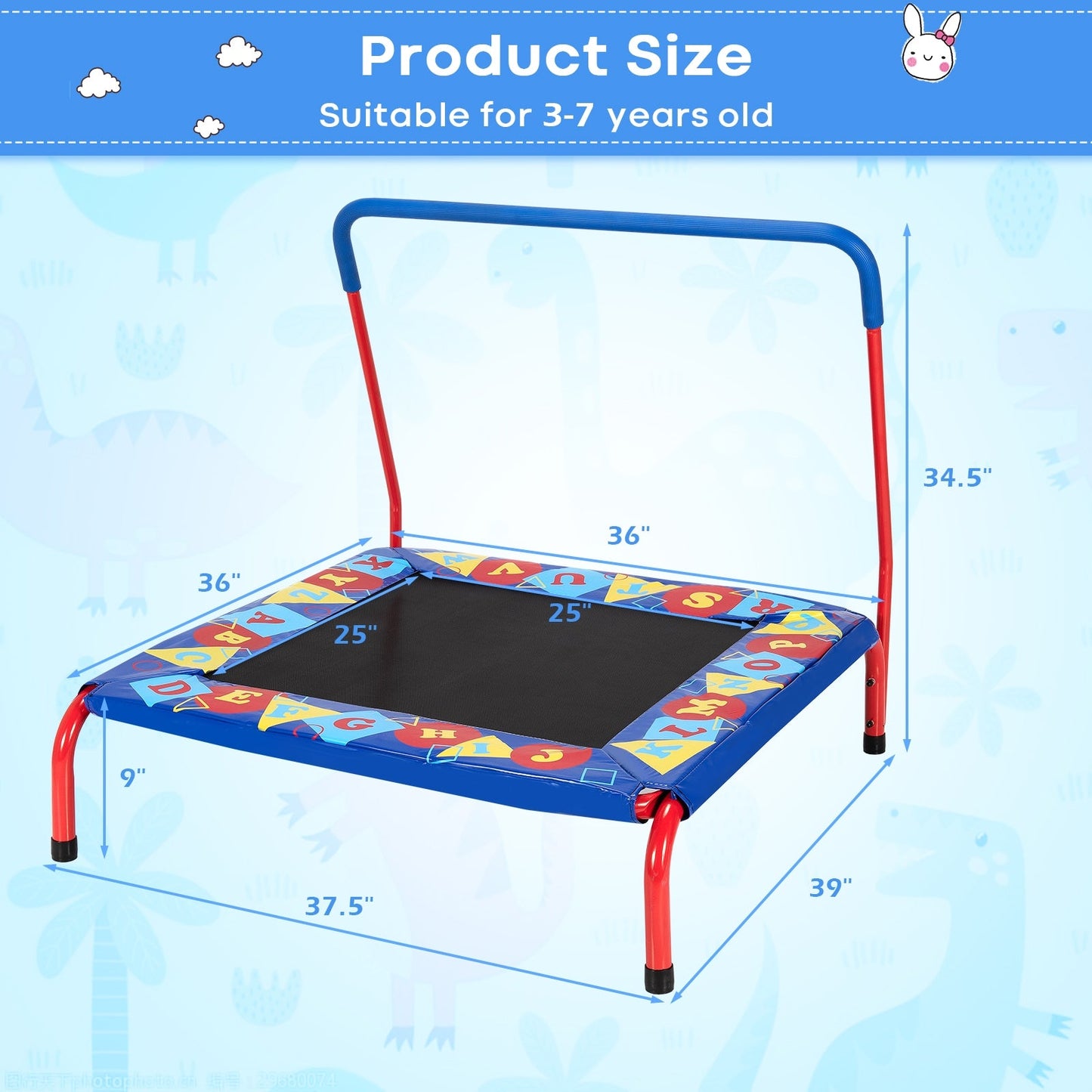 36 Inch Kids Indoor Outdoor Square Trampoline with Foamed Handrail - Blue