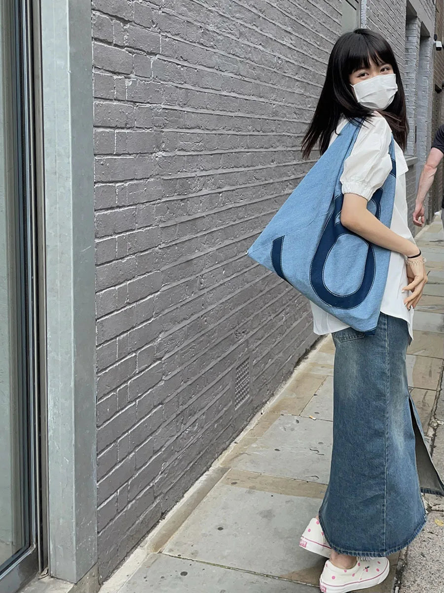 Ins Unisex Portable Tote Bag Adult Denim Cloth Bag Niche Design New Fashion Large Capacity Commuting Shoulder Bag - Korvel