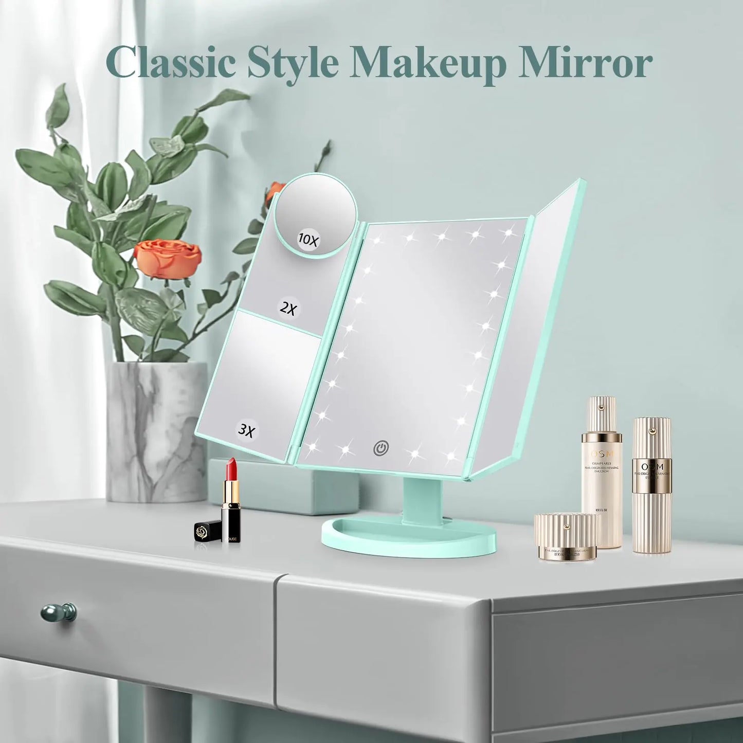 Espejo de Maquillaje Iluminado HUONUL con 2X, 3X, 10X de Magnificación - Verde