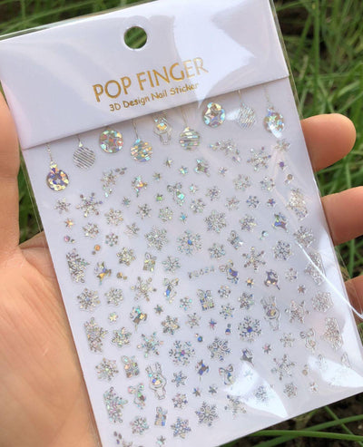 Iridescent Silver Laser Snowflakes 3D Nail Stickers