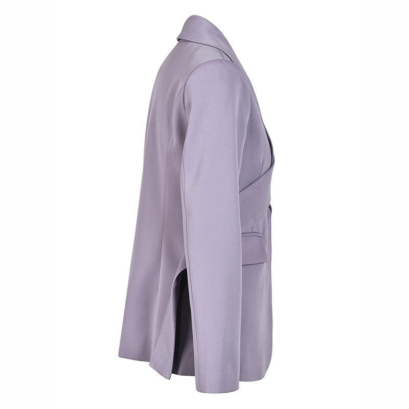 Irregular waist cinching purple suit tie with waist cinching and splicing design casual jacket - Korvel