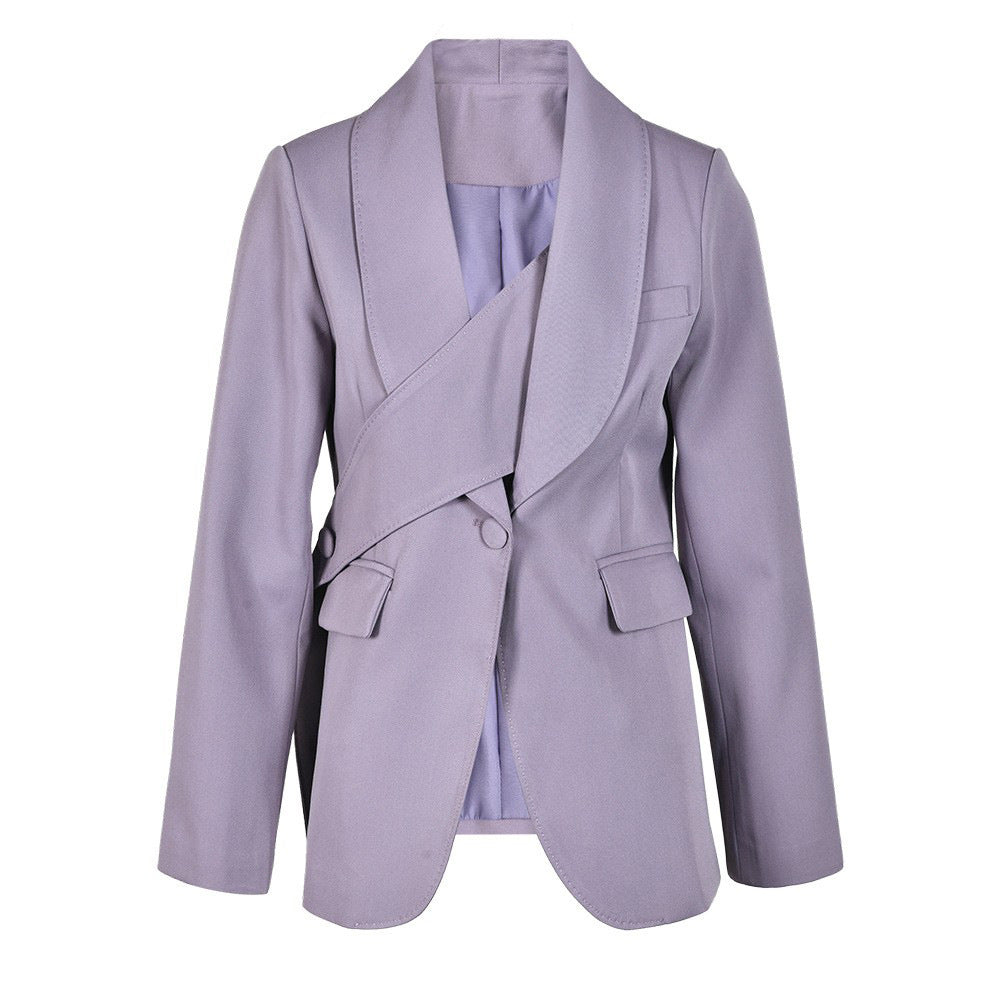 Irregular waist cinching purple suit tie with waist cinching and splicing design casual jacket - Korvel