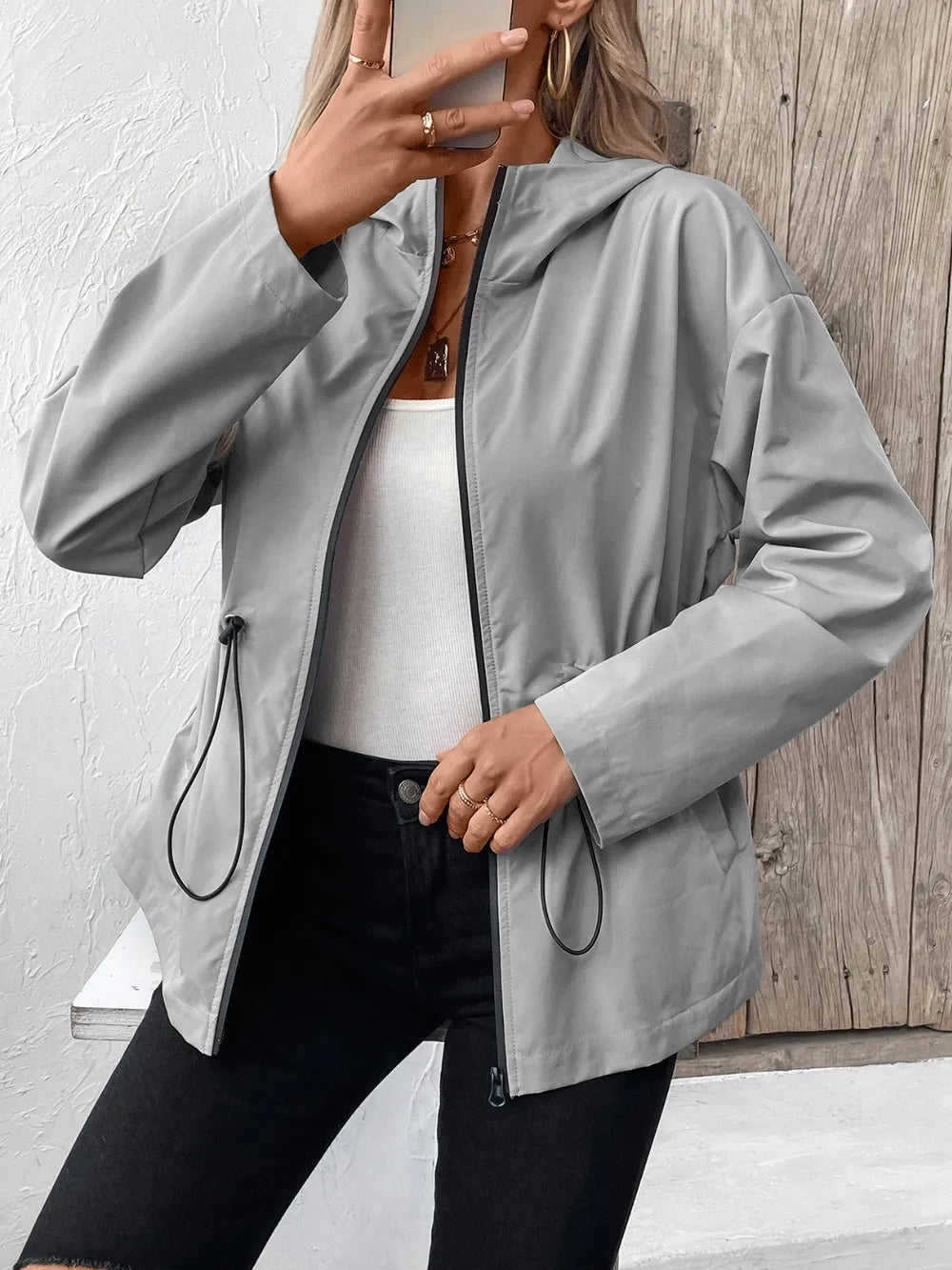 Ivy Lane Drawstring Zip Up Hooded Jacket - Korvel