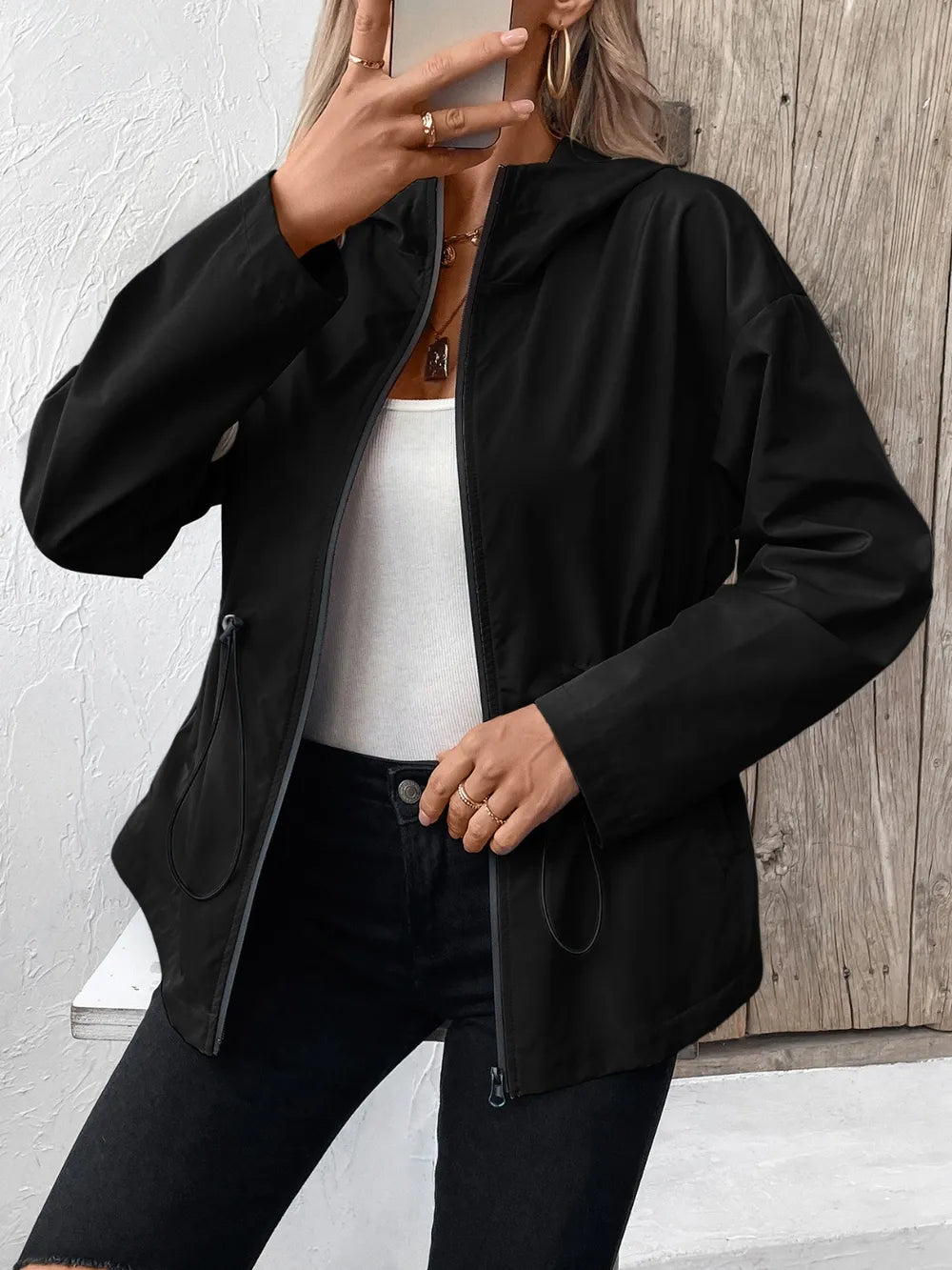 Ivy Lane Drawstring Zip Up Hooded Jacket - Korvel