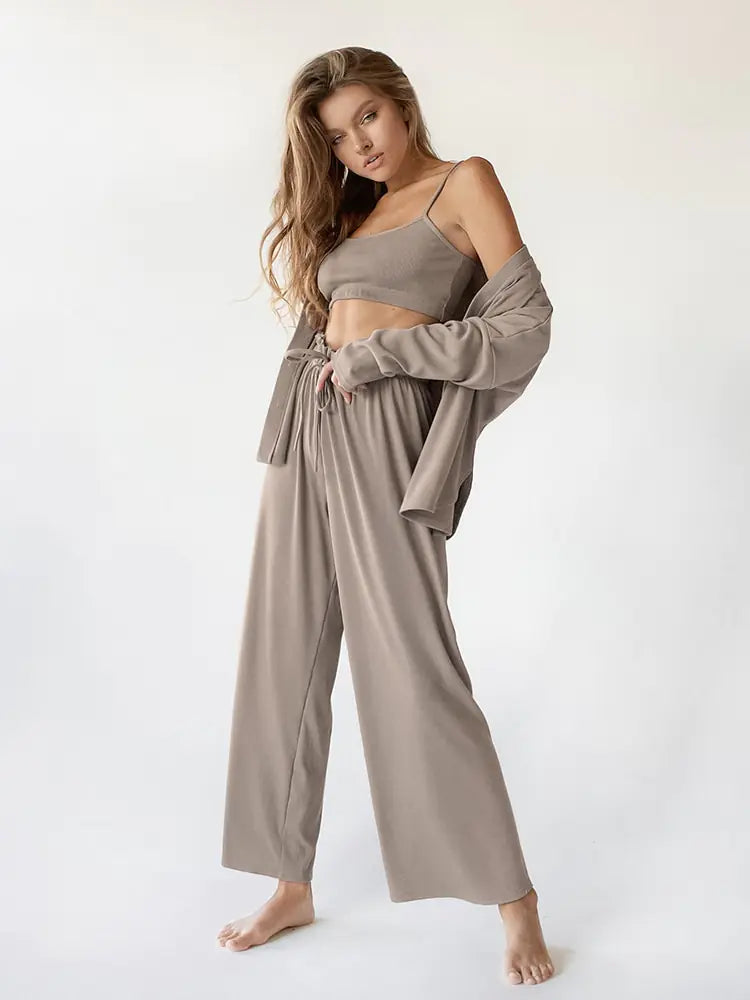 Ribbed Drop Sleeves Women's Sleepwear Set