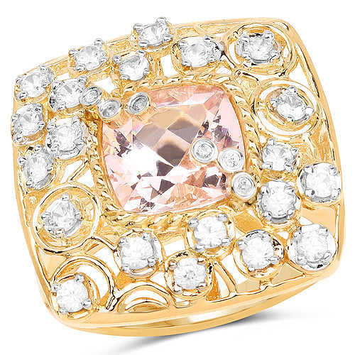 Anillo de cóctel de Morganita y Topacio Blanco Baño de Oro Amarillo de 14K