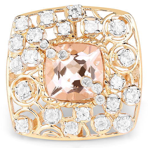 Anillo de cóctel de Morganita y Topacio Blanco Baño de Oro Amarillo de 14K