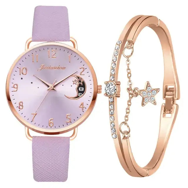 Conjunto de Reloj y Pulsera con Números de Luna