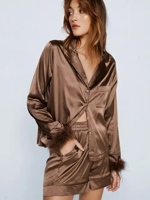Pijamas Linad Feathers para Mujeres - Conjunto de Manga Larga Marrón