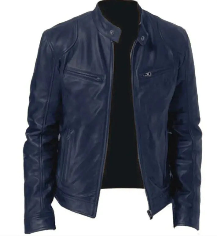 Chaqueta de Cuero PU con Cremallera para Hombre con Cuello Alto