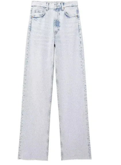 Pantalones de mezclilla de pierna ancha rectos de cintura alta para mujeres