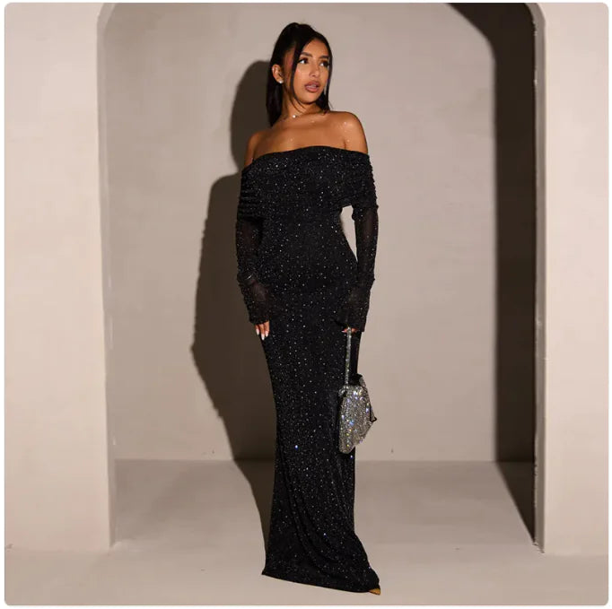 Vestido de Lentejuelas con Hombros Descubiertos para Mujeres