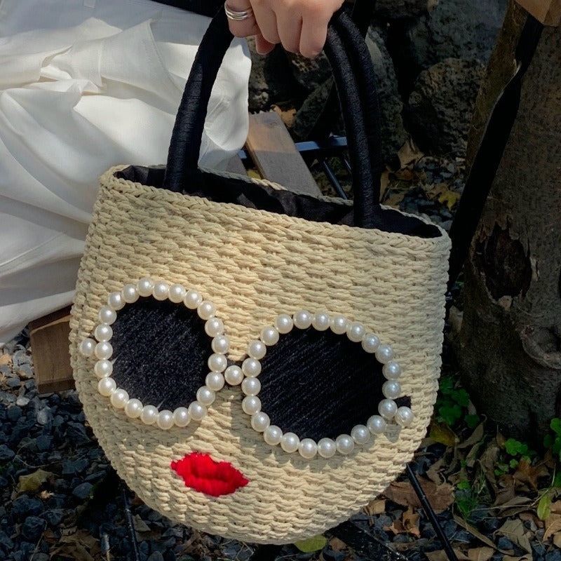 Japanese Rattan Woven Handbag - Cute Cartoon Style