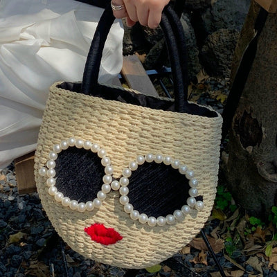 Japanese Rattan Woven Handbag - Cute Cartoon Style