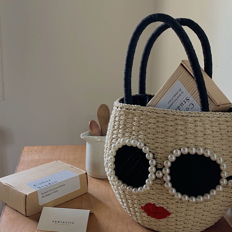 Japanese Rattan Woven Handbag - Cute Cartoon Style