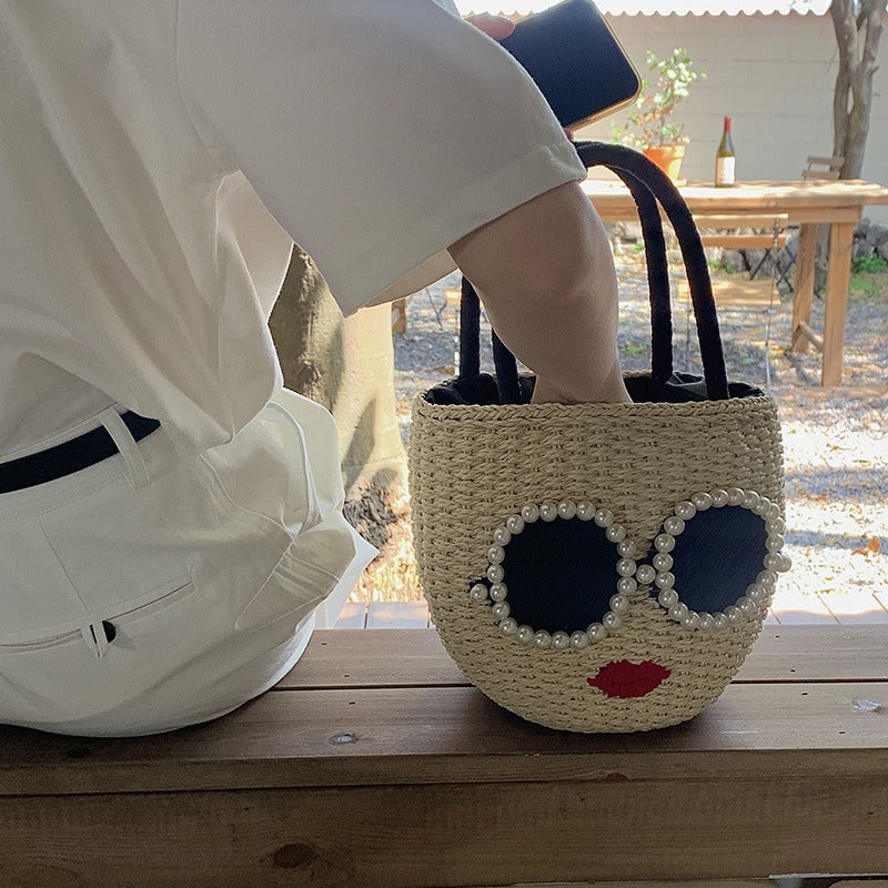 Japanese Rattan Woven Handbag - Cute Cartoon Style