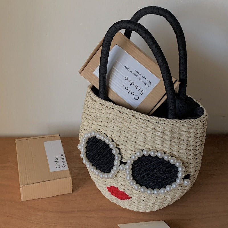 Japanese Rattan Woven Handbag - Cute Cartoon Style