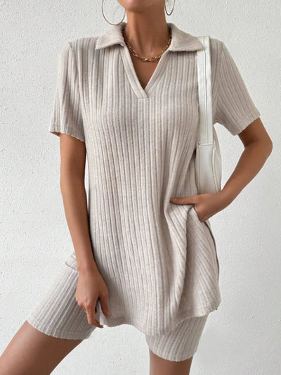 Johnny Collar Short Sleeve Top and Shorts Set - Korvel