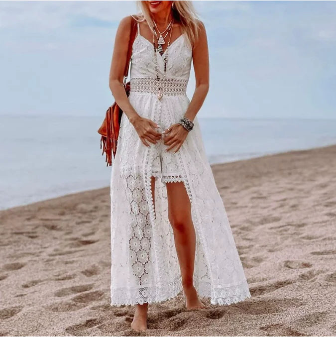 Elegant White Boho Lace Maxi Dress