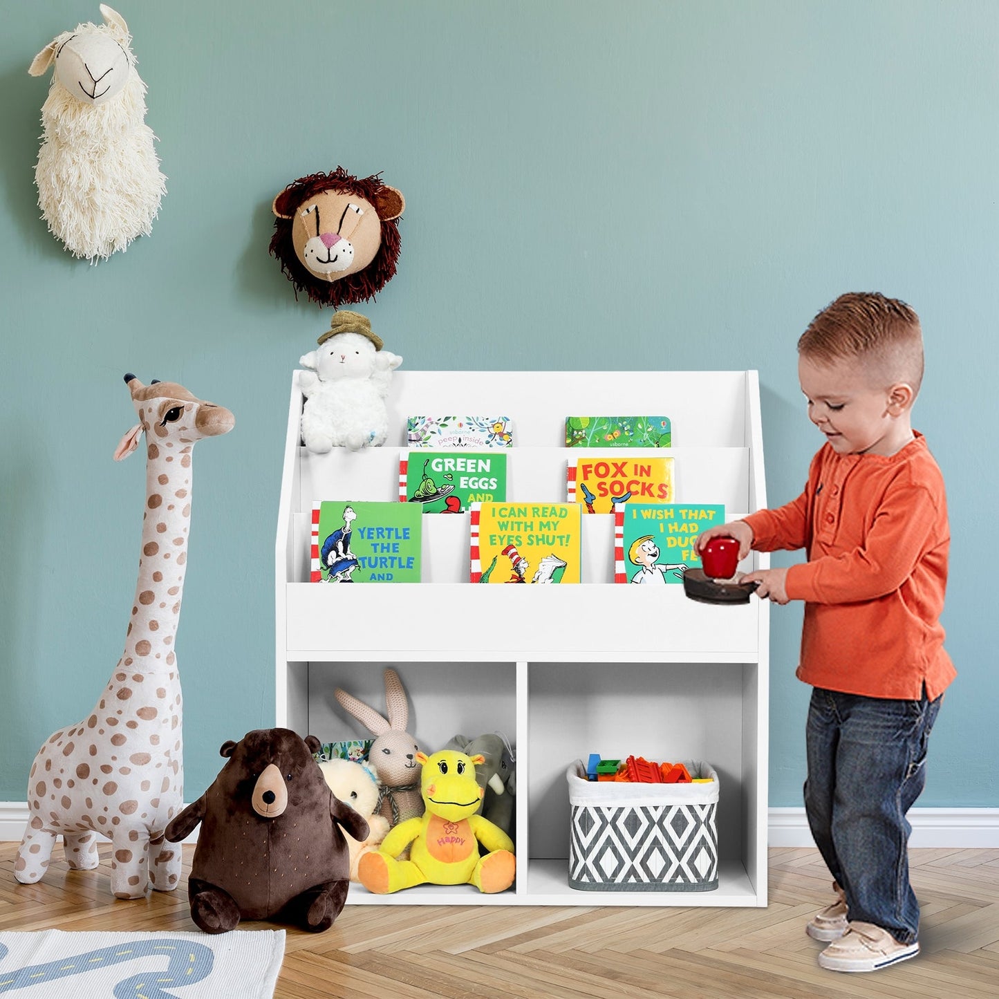 Kids Wooden Bookshelf - White Toy Storage Organizer