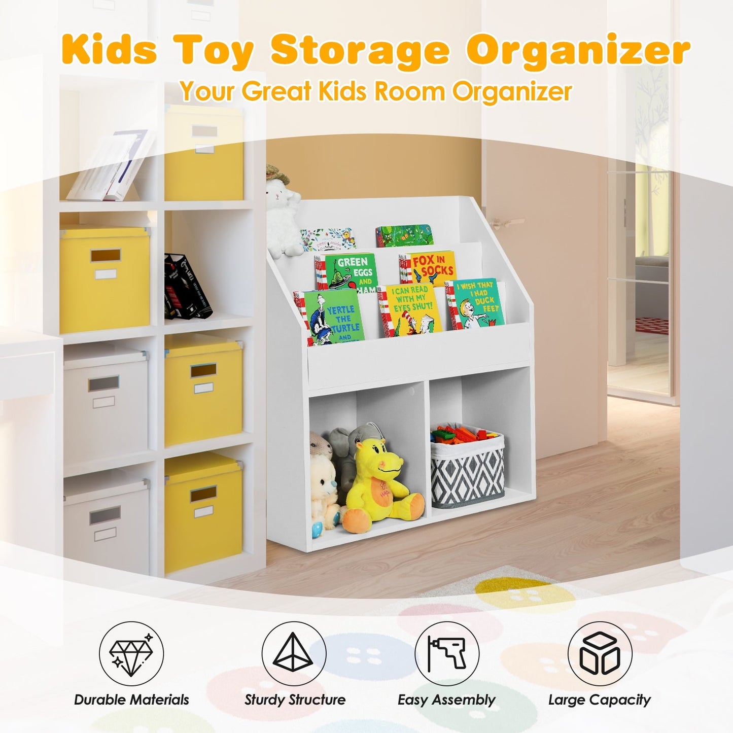 Kids Wooden Bookshelf - White Toy Storage Organizer