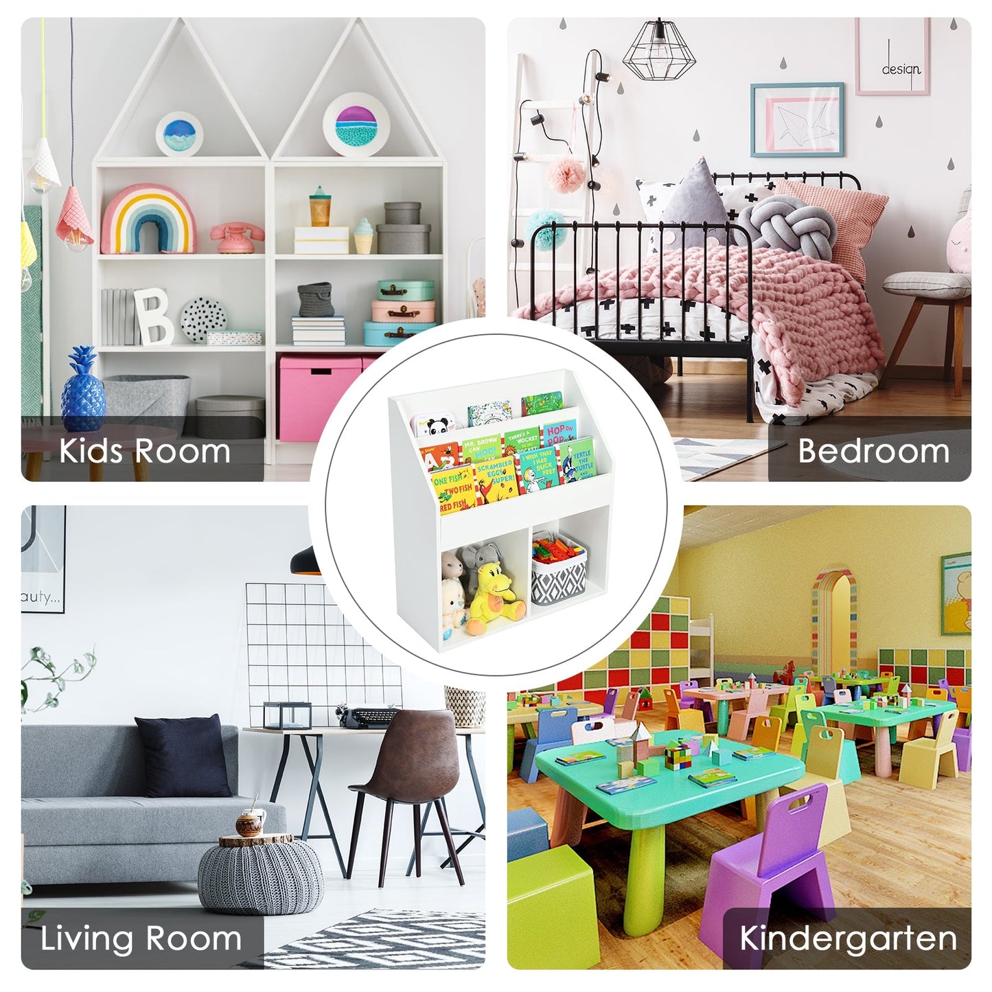 Kids Wooden Bookshelf - White Toy Storage Organizer