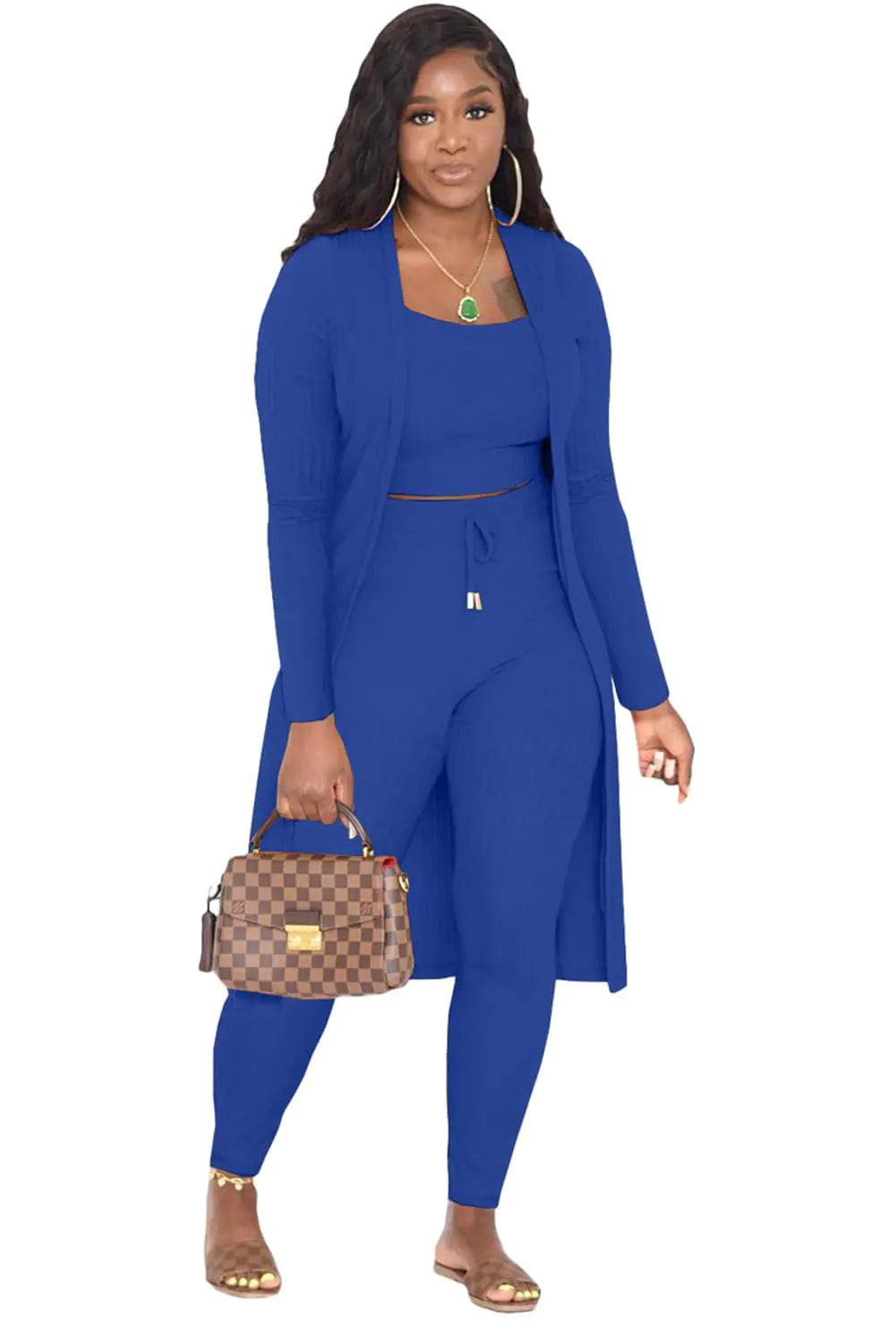 Ensemble de détente 3 pièces pour femmes - Cardigan, débardeur court et pantalons à cordon