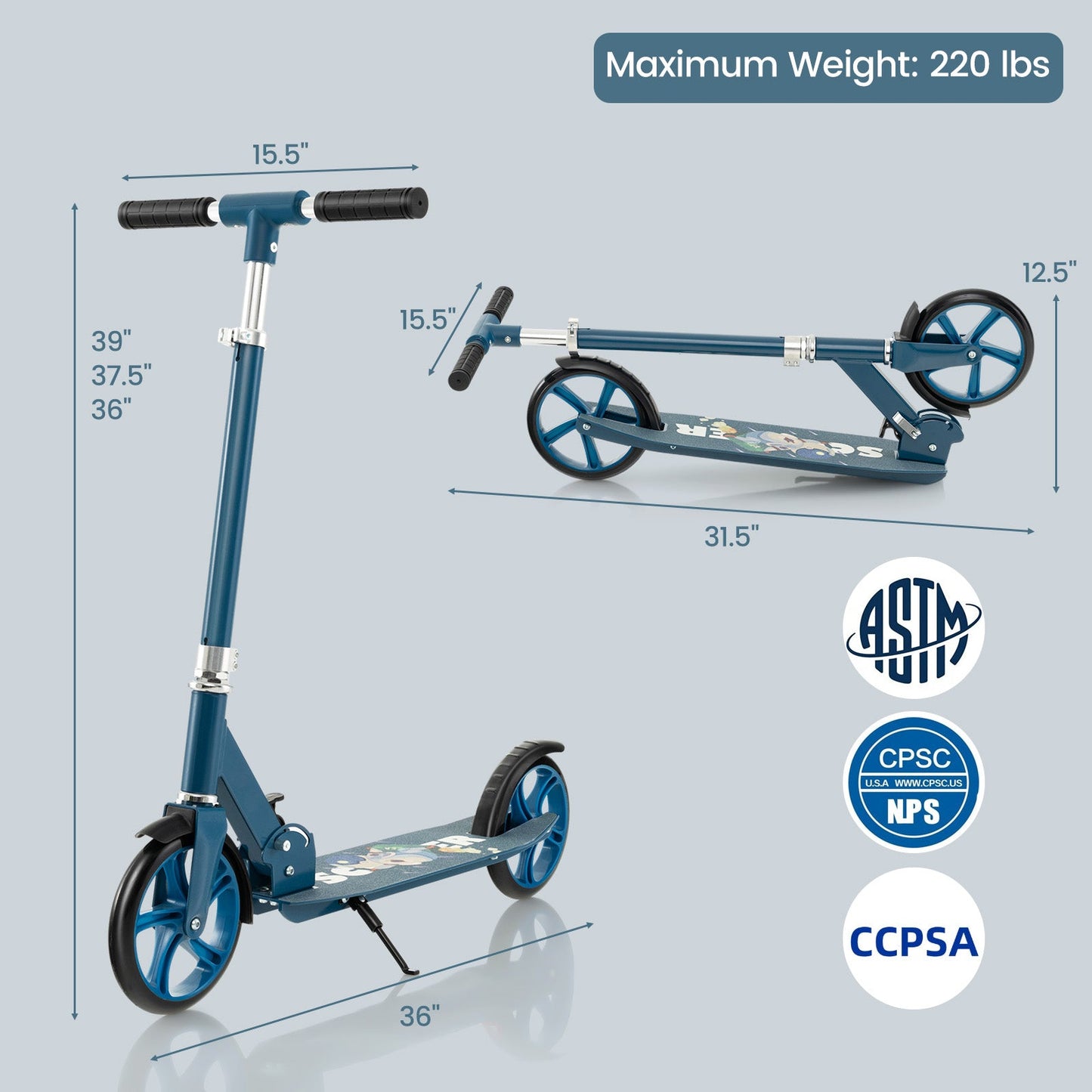 Scooter Plegable de Aleación de Aluminio con Alturas Ajustables - Azul