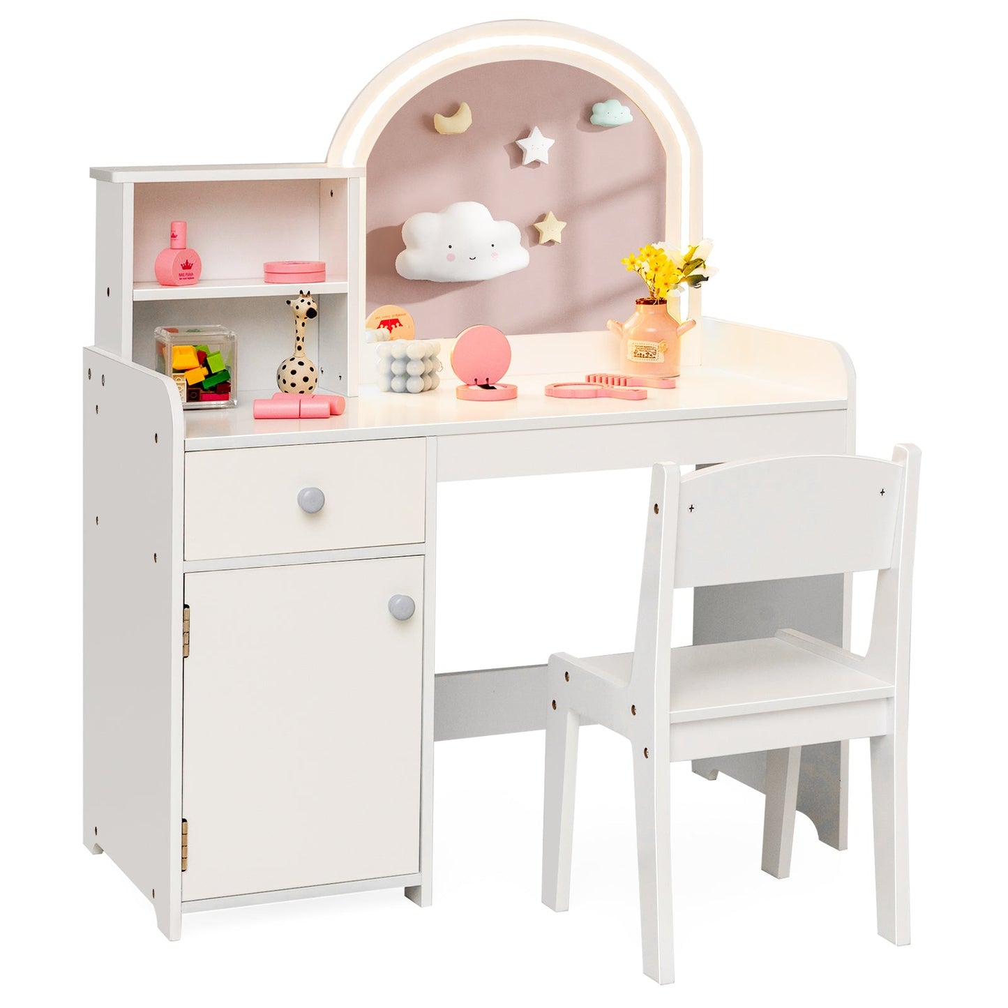 Conjunto de Mesa y Silla de Tocador para Niños con Almacenamiento - Blanco