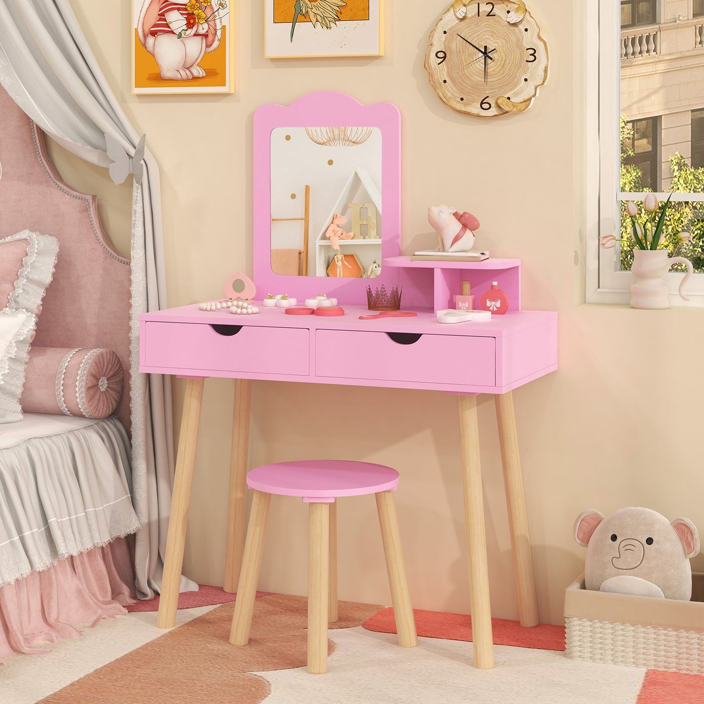 Ensemble de table de maquillage pour enfant avec miroir et rangement - Rose